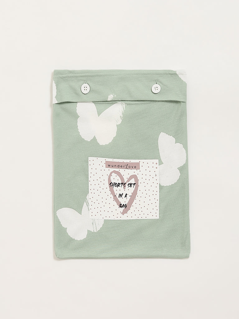 Wunderlove Green Butterfly Cotton Shorts Set In a Bag