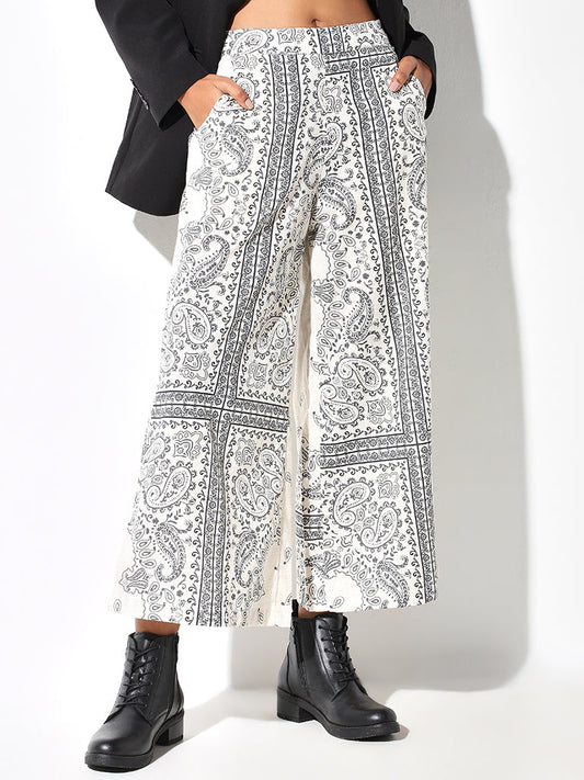 Bombay Paisley Off-White Paisley Print Flared Mid Rise Cotton Pants