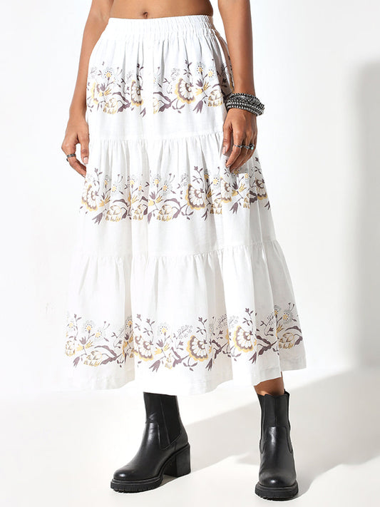 Bombay Paisley White A-Line Printed Cotton Tiered Skirt