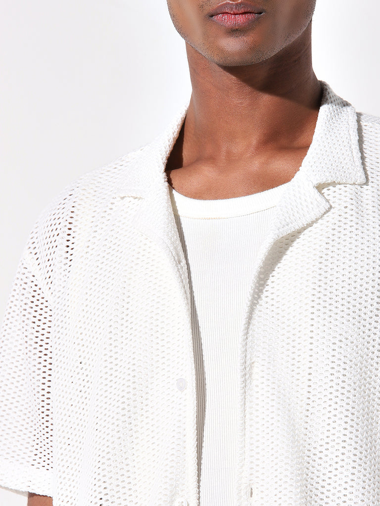 Nuon White Mesh Cotton Blend Relaxed Fit Shirt