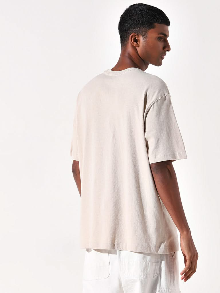 WES Casuals Beige Solid Cotton Relaxed Fit T-Shirt