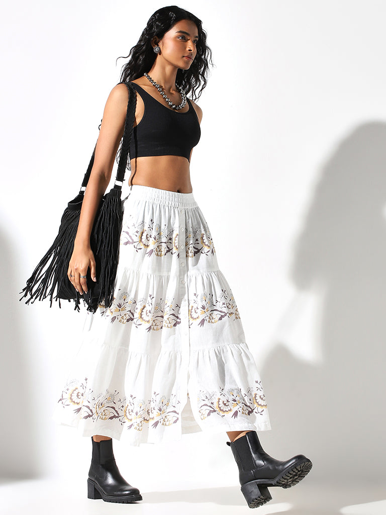 Bombay Paisley White A-Line Printed Cotton Tiered Skirt