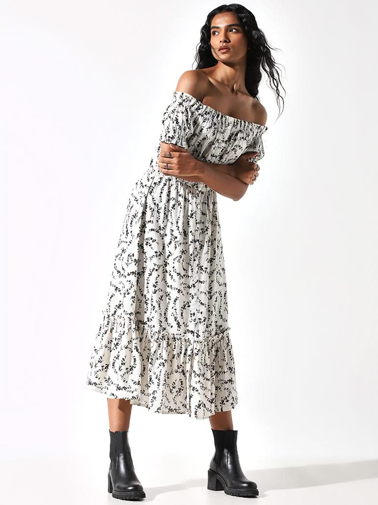 LOV White Ditsy Floral Blended Linen Dress