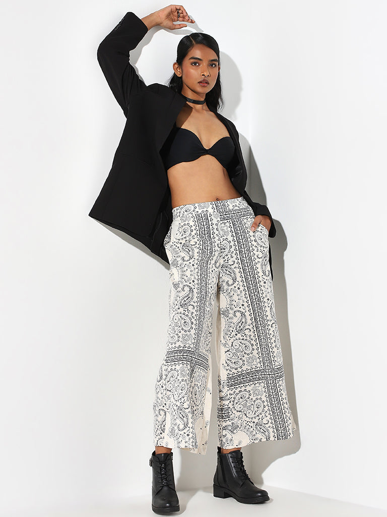 Bombay Paisley Off-White Paisley Print Flared Mid Rise Cotton Pants