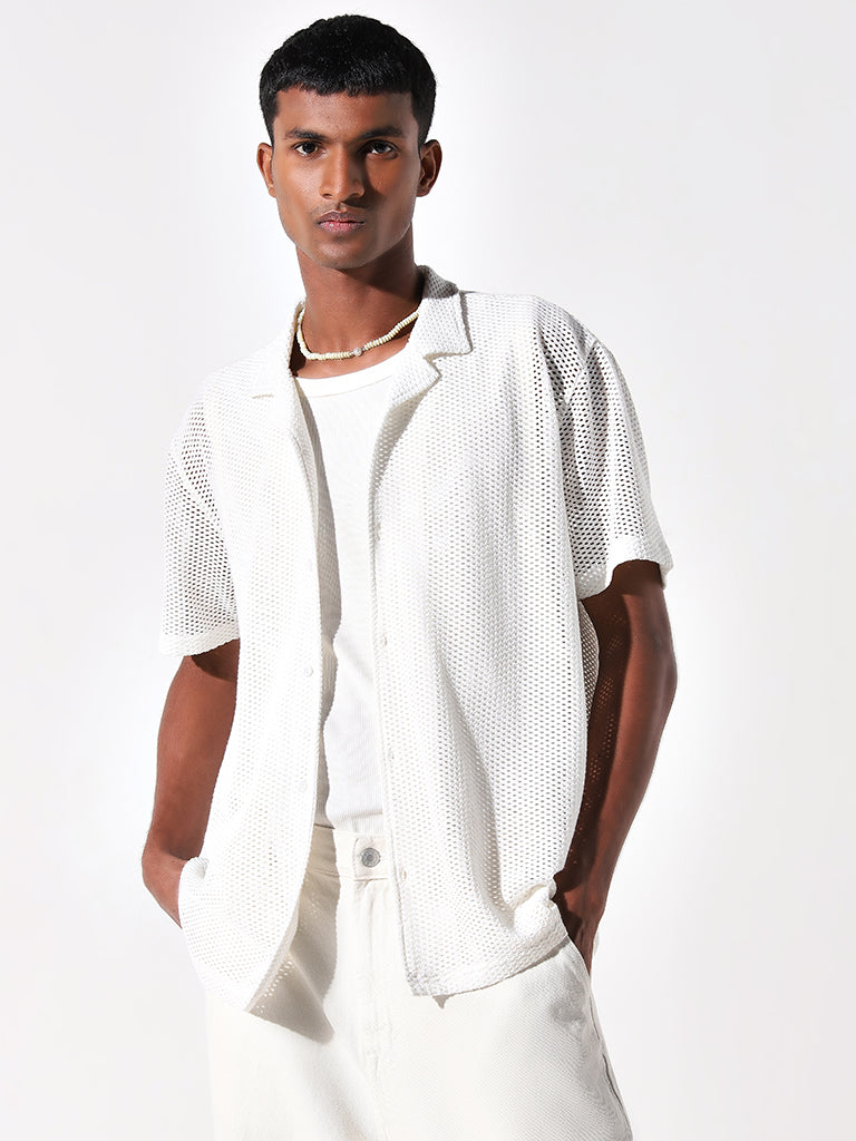 Nuon White Mesh Cotton Blend Relaxed Fit Shirt