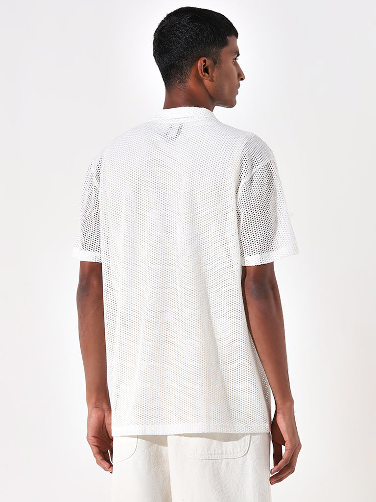 Nuon White Mesh Cotton Blend Relaxed Fit Shirt