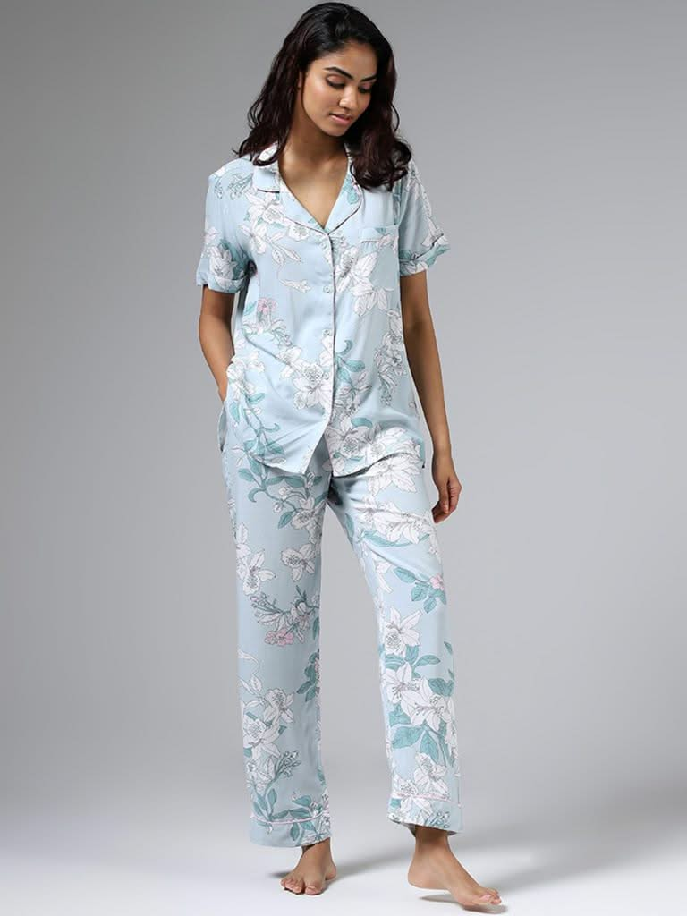 Wunderlove Blue Floral Printed Shirt and Pyjamas Set