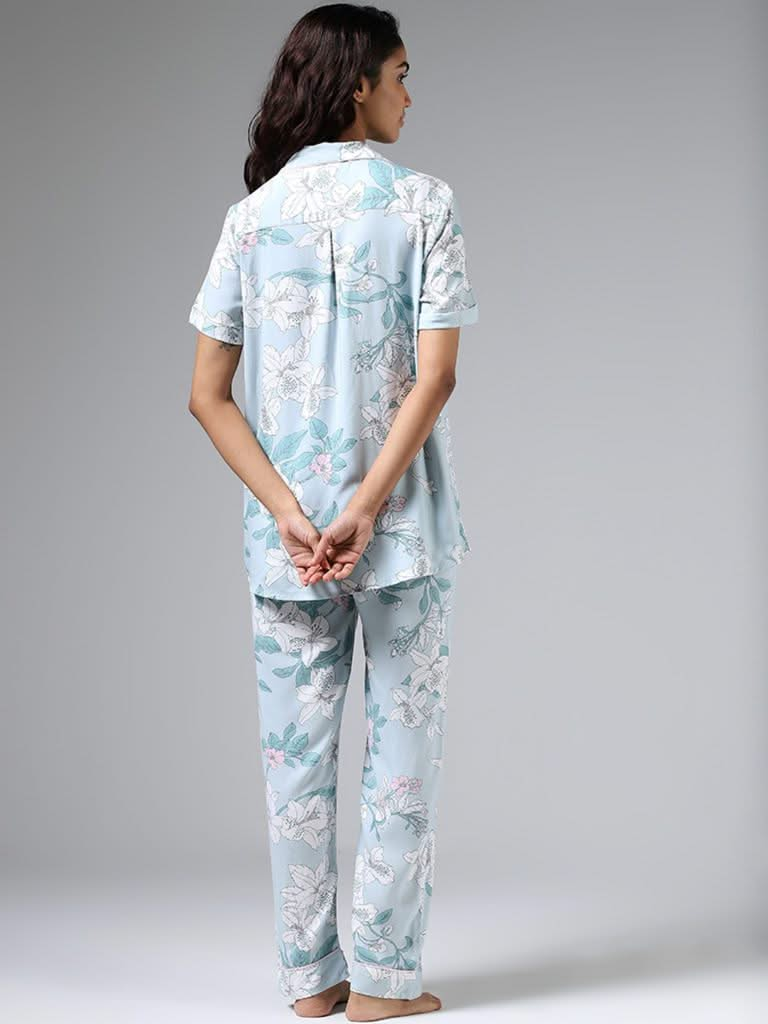 Wunderlove Blue Floral Printed Shirt and Pyjamas Set