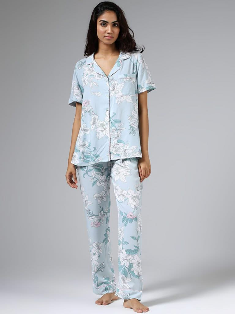 Wunderlove Blue Floral Printed Shirt and Pyjamas Set