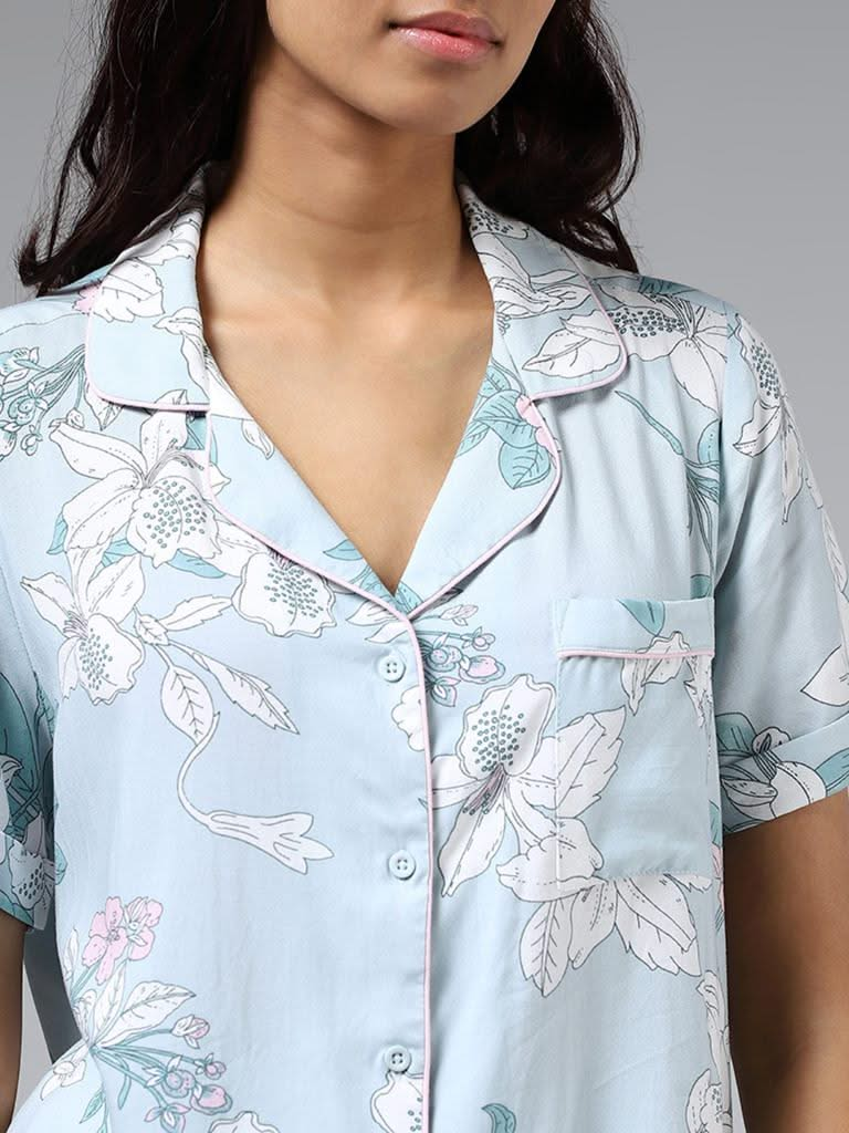 Wunderlove Blue Floral Printed Shirt and Pyjamas Set