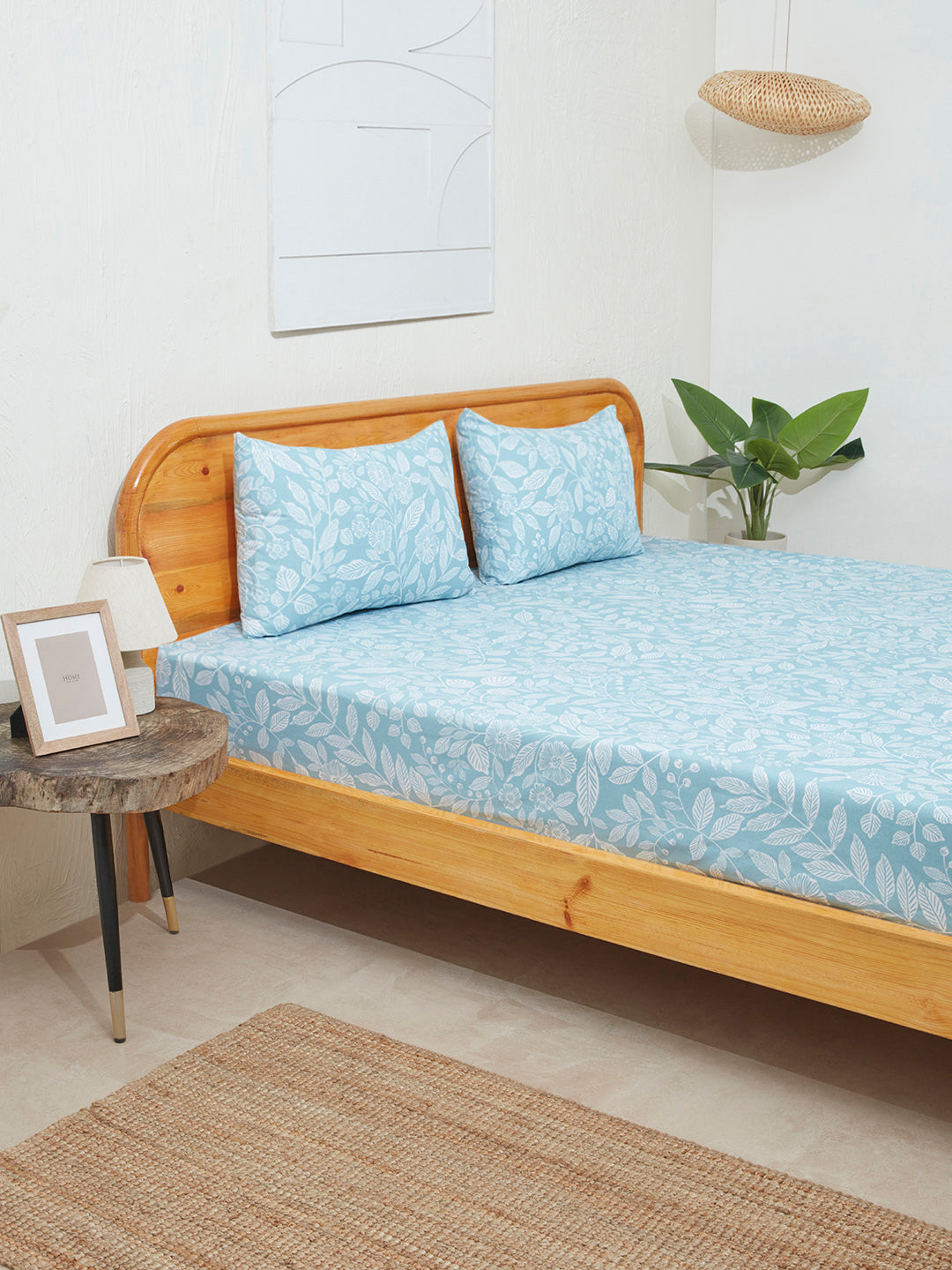 Westside Home Aqua Leaf Design Double Bed Flat Sheet and Pillowcase Set