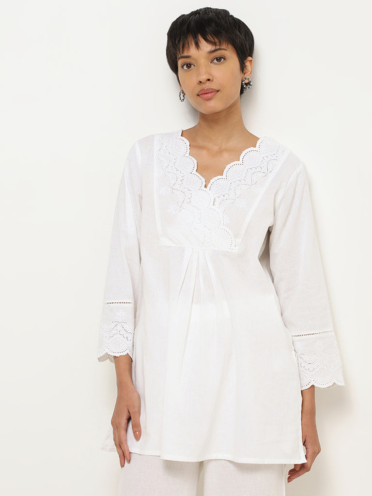 Utsa White Cotton Schiffli Kurti