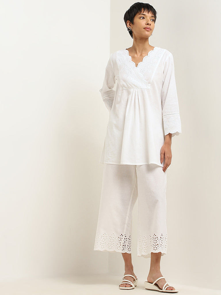 Utsa White Cotton Schiffli Kurti