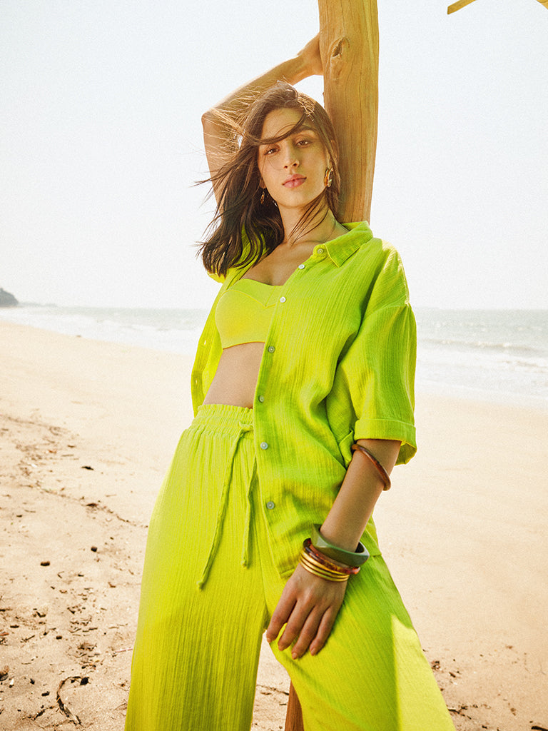 Wunderlove Lime Cotton Crinkled Relaxed Beach Shirt