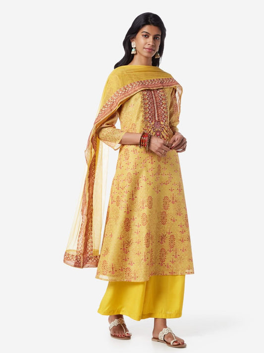 Vark Yellow A-line Kurta, Dupatta And Palazzos