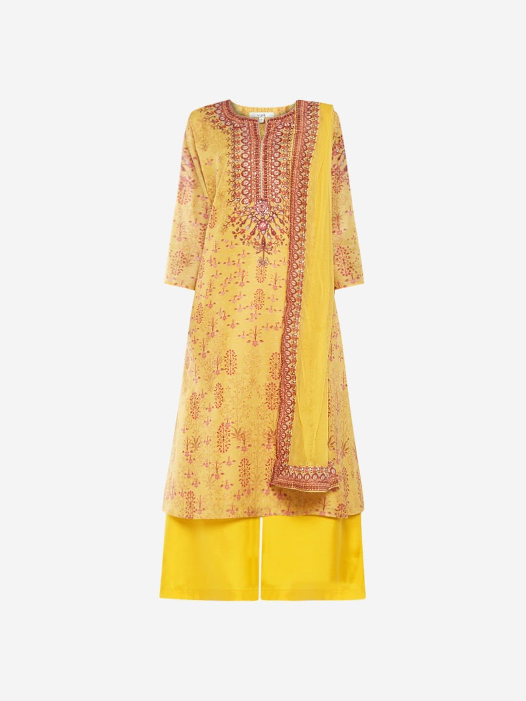 Vark Yellow A-line Kurta, Dupatta And Palazzos