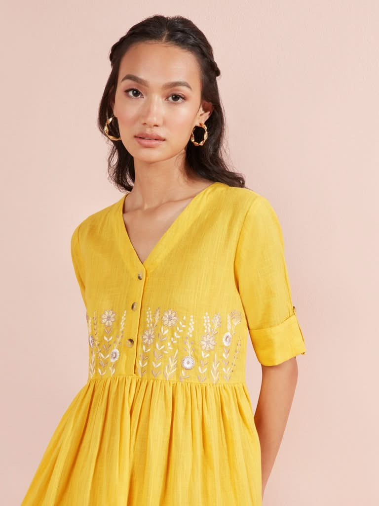 Bombay Paisley Yellow Embroidered Tiered Dress