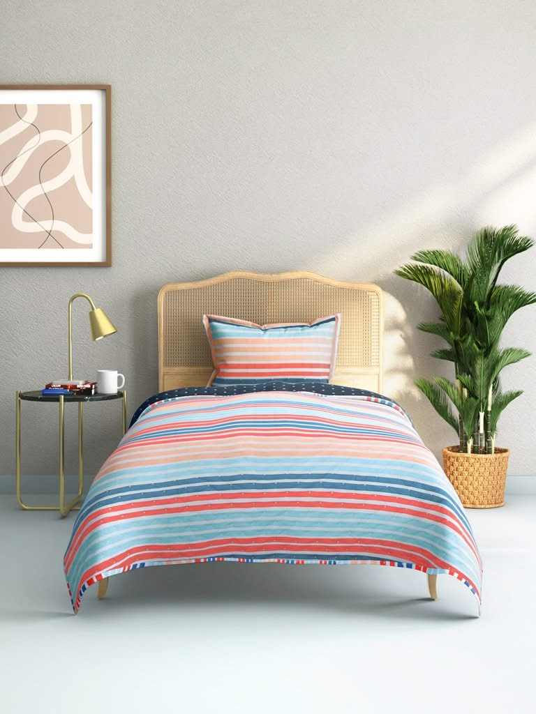 Westside Home Multicolour Striped 144TC Single Blanket With One Pillowcase