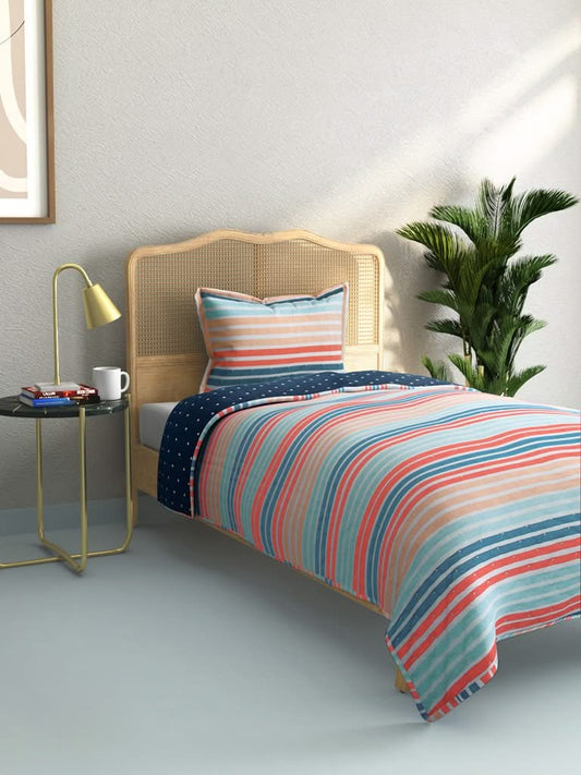 Westside Home Multicolour Striped 144TC Single Blanket With One Pillowcase