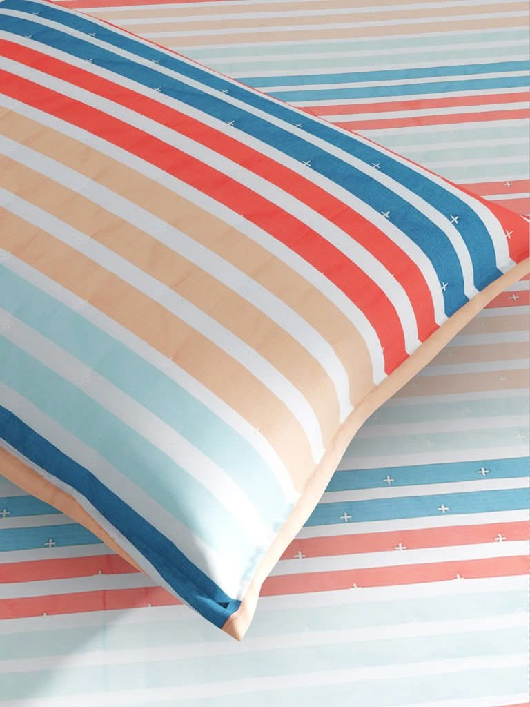 Westside Home Multicolour Striped 144TC Single Blanket With One Pillowcase