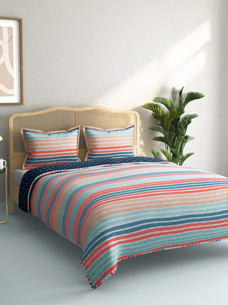 Westside Home Multicolour Striped 144TC Double Blanket With Two Pillowcases