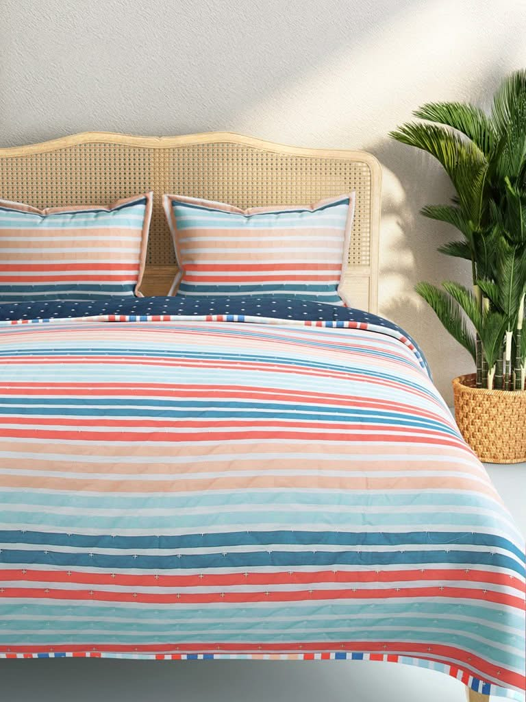 Westside Home Multicolour Striped 144TC Double Blanket With Two Pillowcases