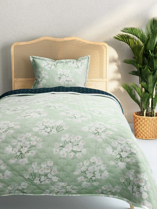 Westside Home Mint Blossom Print 144TC Single Blanket With One Pillowcase