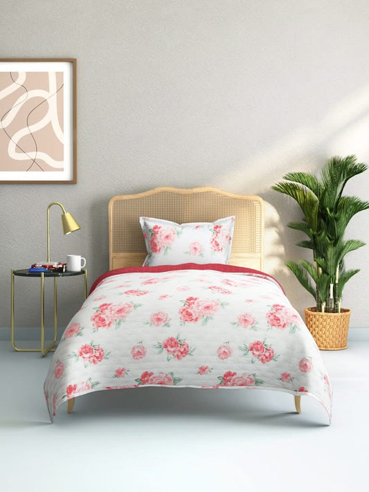 Westside Home Pink Floral Design 144TC Single Blanket With One Pillowcase