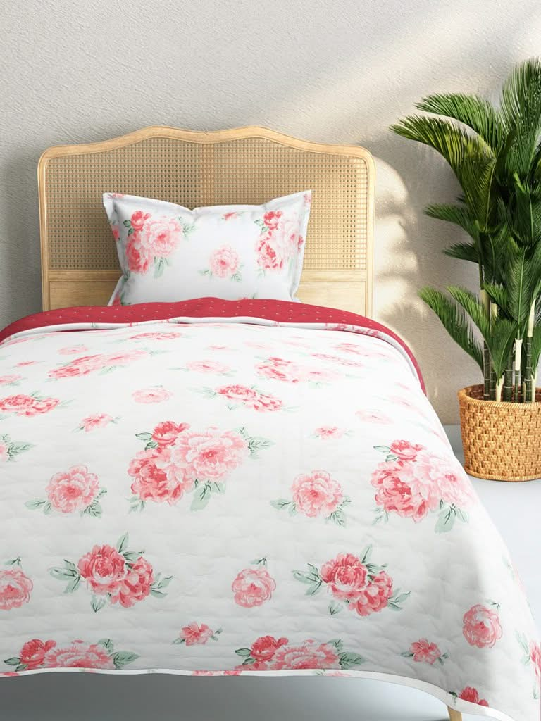 Westside Home Pink Floral Design 144TC Single Blanket With One Pillowcase