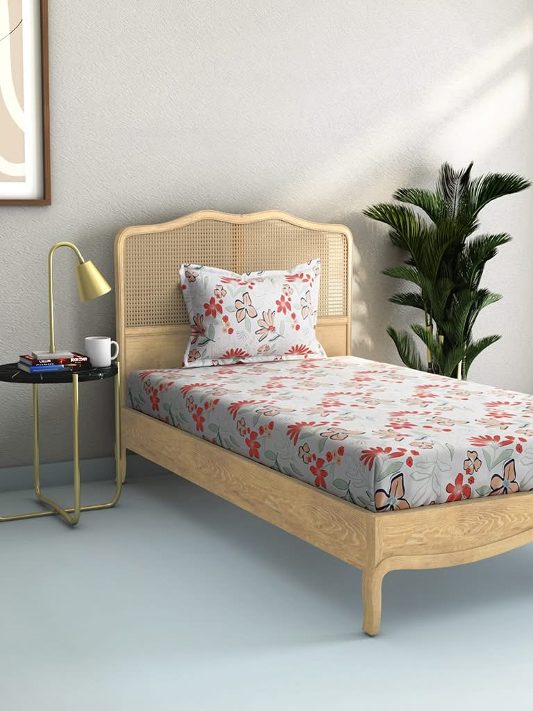 Westside Home Coral Floral Print 144TC Single Bedsheet with One Pillowcase