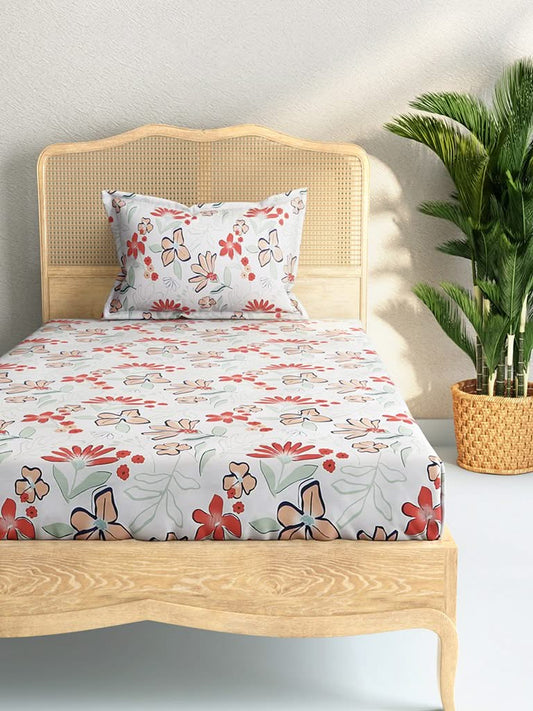 Westside Home Coral Floral Print 144TC Single Bedsheet with One Pillowcase