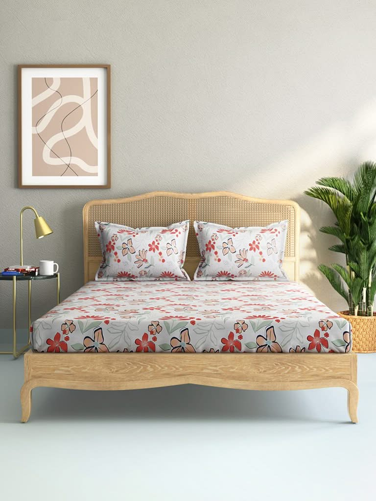 Westside Home Coral Floral Print 144TC Double Bedsheet with Two Pillowcases