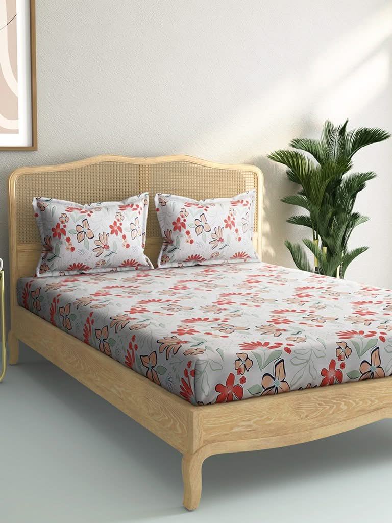 Westside Home Coral Floral Print 144TC Double Bedsheet with Two Pillowcases