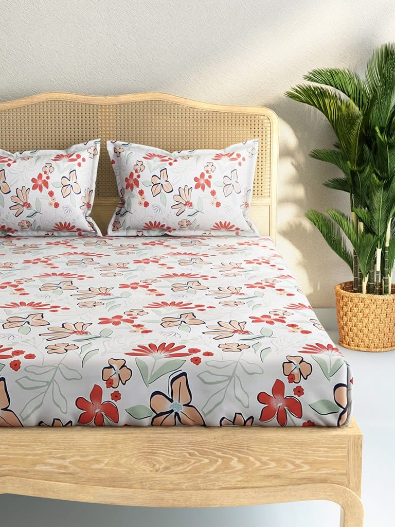 Westside Home Coral Floral Print 144TC Double Bedsheet with Two Pillowcases