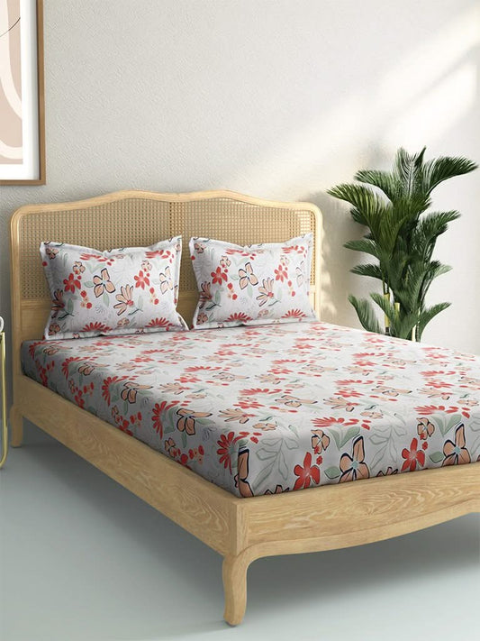 Westside Home Coral Floral Print 144TC King Bedsheet with Two Pillowcases