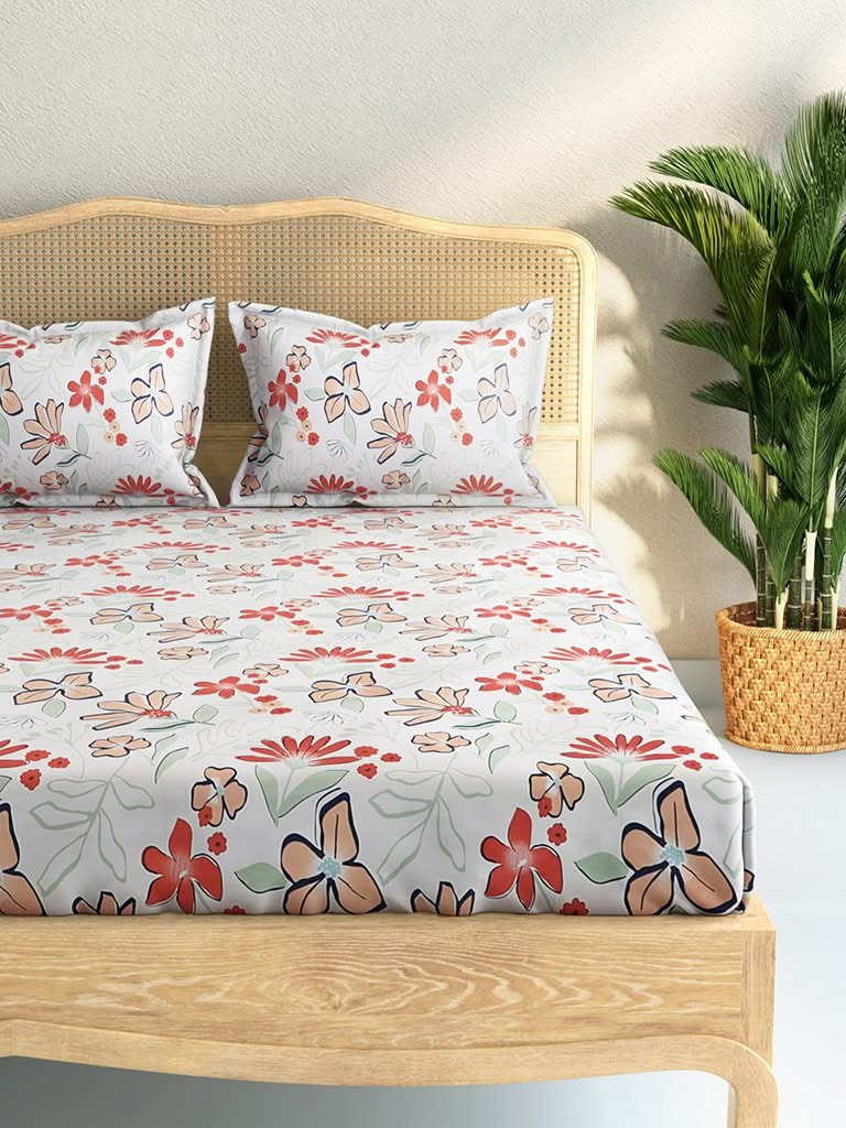 Westside Home Coral Floral Print 144TC King Bedsheet with Two Pillowcases