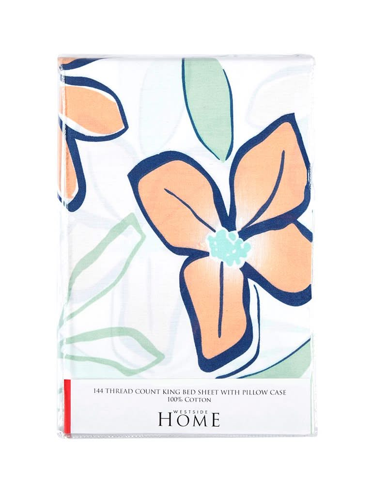 Westside Home Coral Floral Print 144TC King Bedsheet with Two Pillowcases