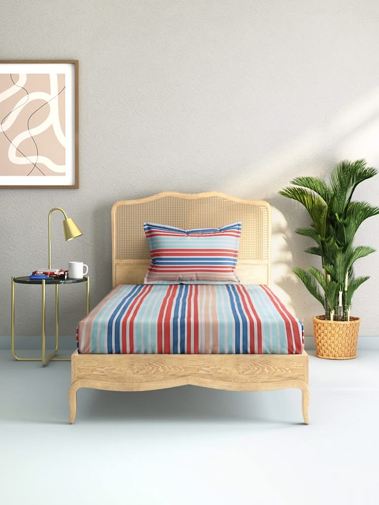 Westside Home Multicolour Striped 144TC Single Bedsheet with One Pillowcase