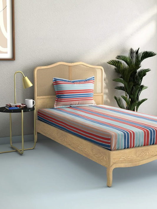 Westside Home Multicolour Striped 144TC Single Bedsheet with One Pillowcase