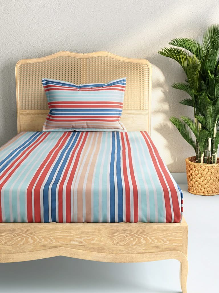 Westside Home Multicolour Striped 144TC Single Bedsheet with One Pillowcase