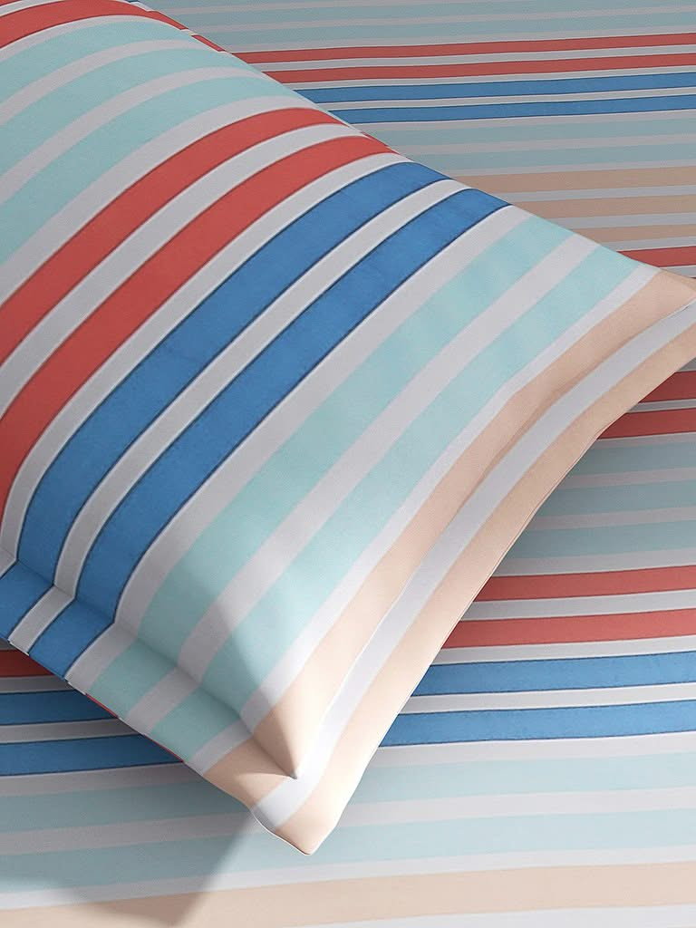 Westside Home Multicolour Striped 144TC Single Bedsheet with One Pillowcase