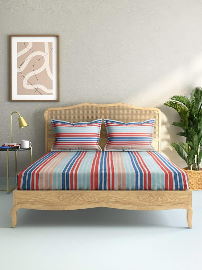 Westside Home Multicolour Striped 144TC Double Bedsheet with Two Pillowcases