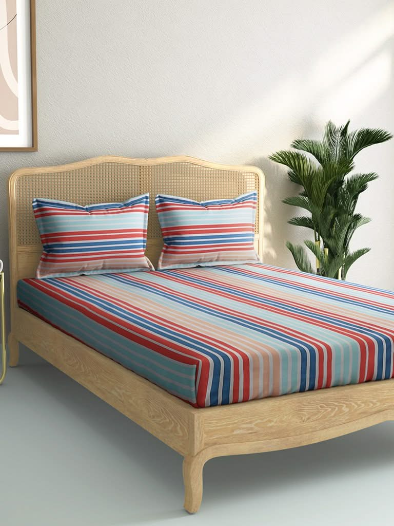 Westside Home Multicolour Striped 144TC Double Bedsheet with Two Pillowcases