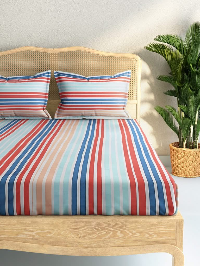 Westside Home Multicolour Striped 144TC Double Bedsheet with Two Pillowcases