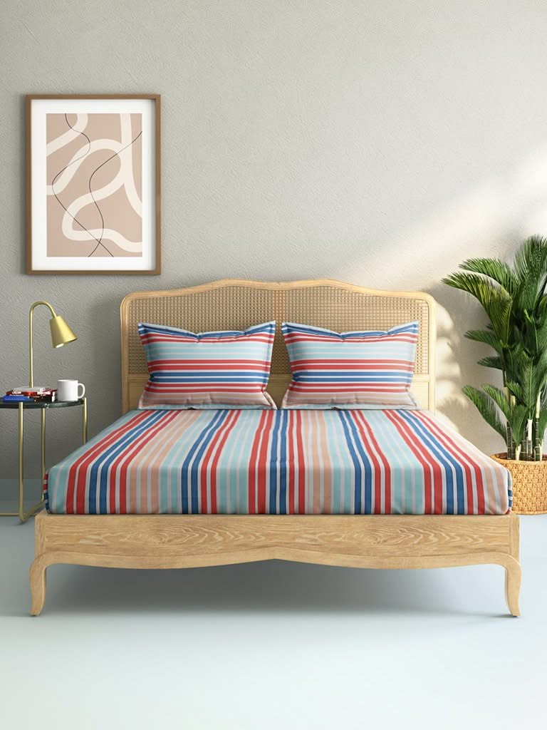 Westside Home Multicolour Striped 144TC King Bedsheet with Two Pillowcases