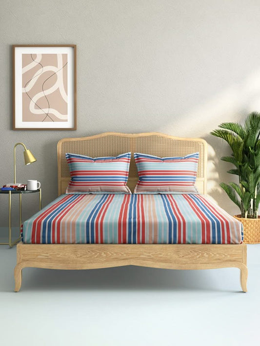 Westside Home Multicolour Striped 144TC King Bedsheet with Two Pillowcases