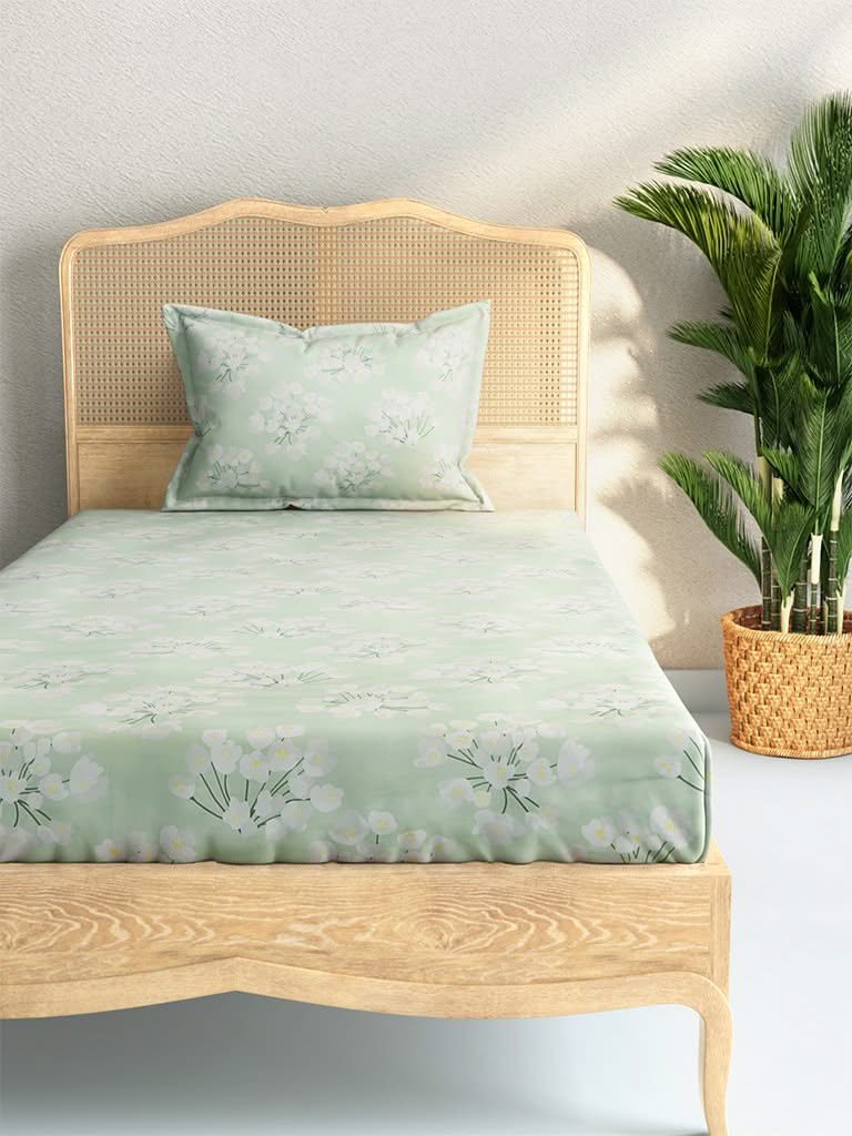 Westside Home Mint Floral 144TC Single Bedsheet with One Pillowcase