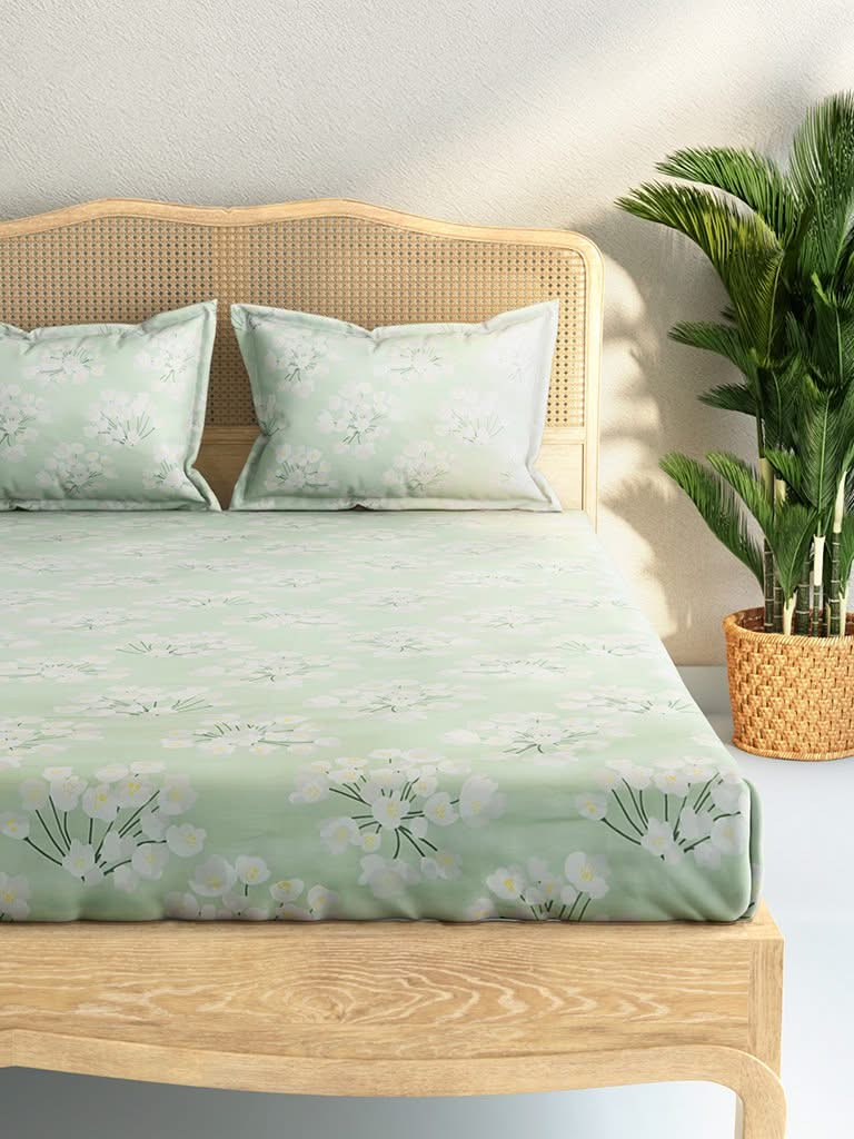 Westside Home Mint Floral 144TC Double Bedsheet with Two Pillowcases