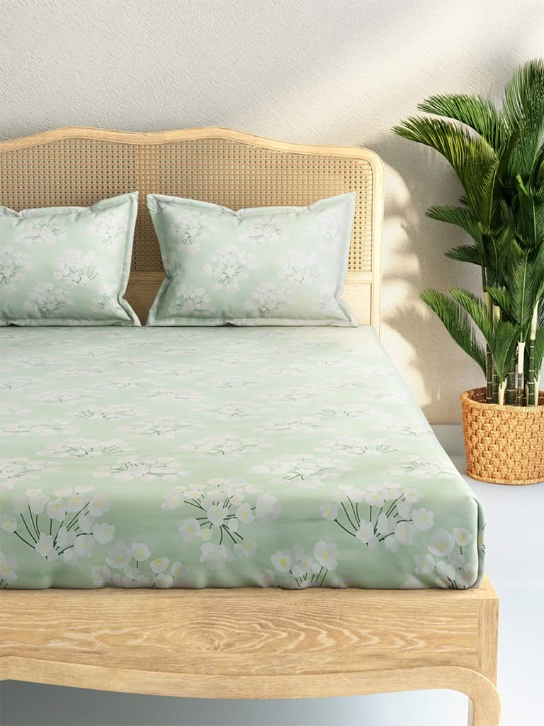 Westside Home Mint Floral 144TC King Bedsheet with Two Pillowcases