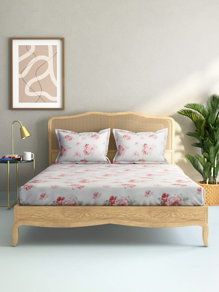 Westside Home Pink Rose Print 144TC Double Bedsheet with Two Pillowcases